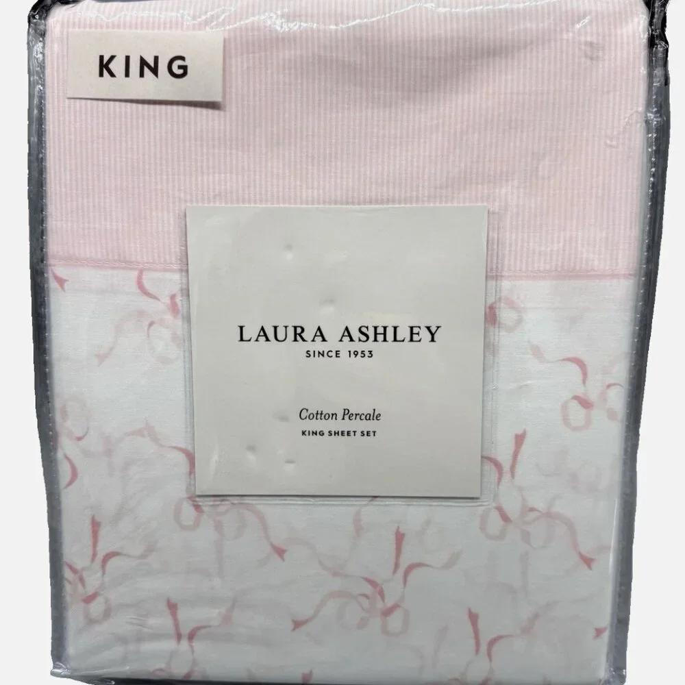 NEW 4pc Laura Ashley KING Sheet Set PINK TRAILING BOWS RIBBON Coquette Cottage